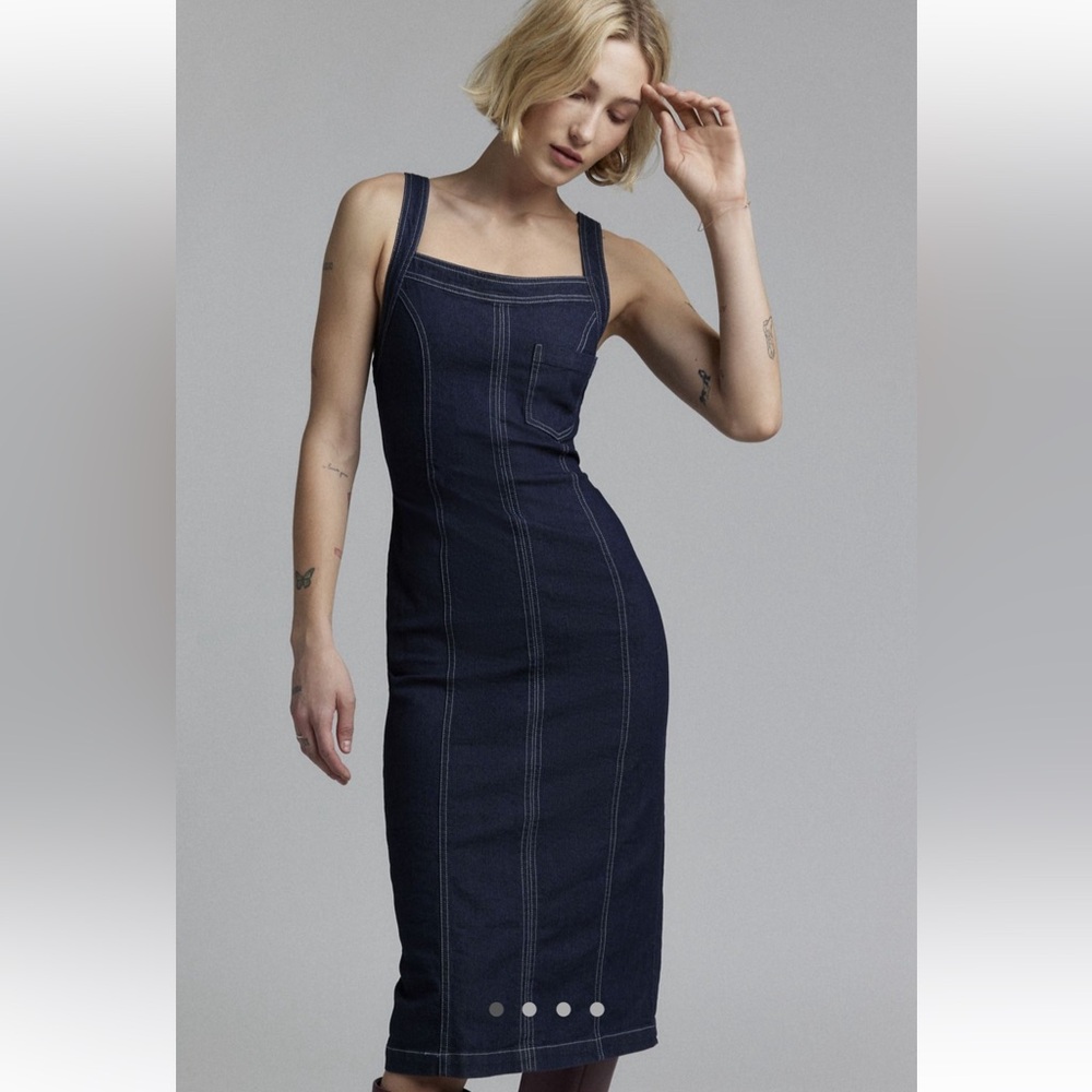 Urban Outfitters Tank Square Neck Stretch Denim Midi Dress Dark Blue